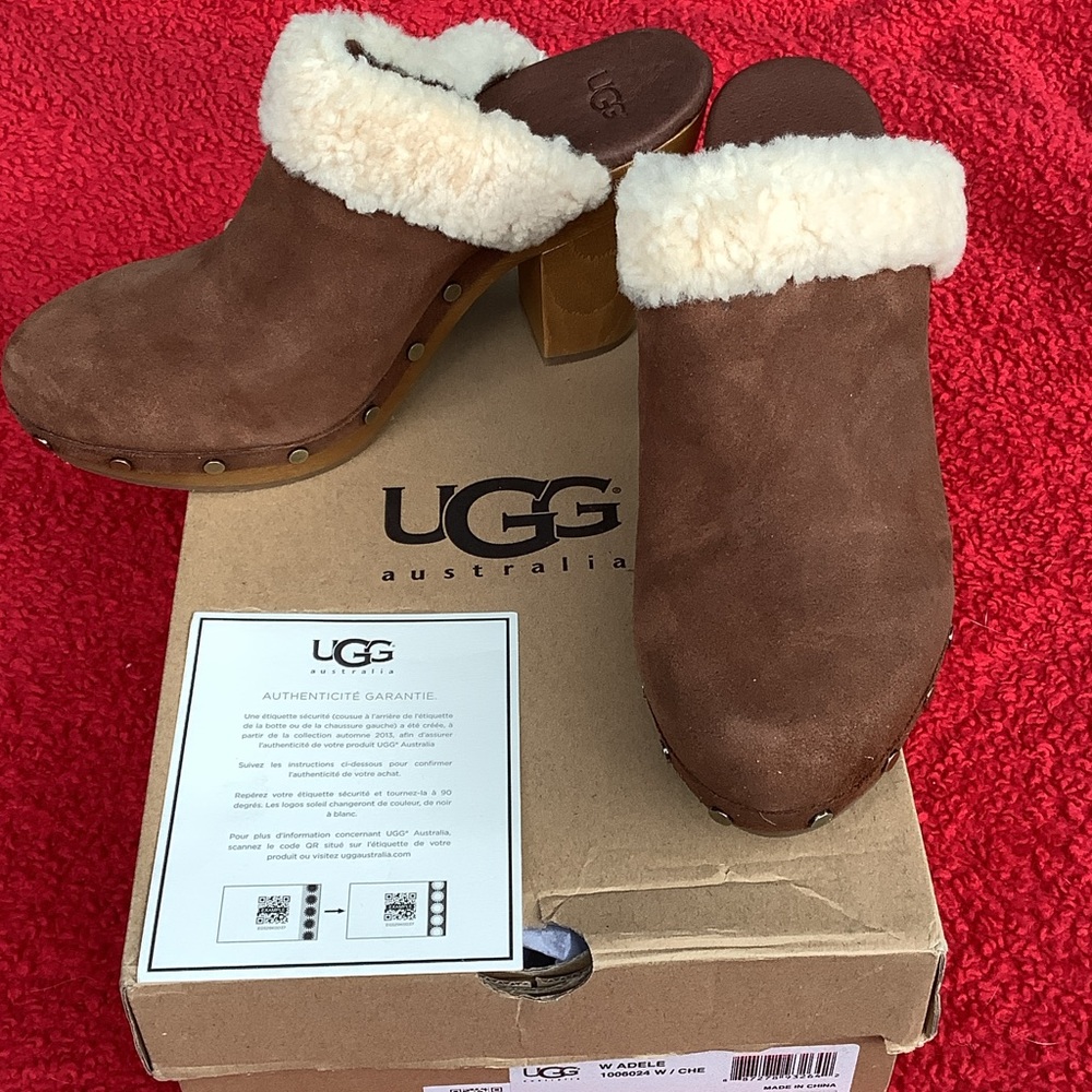 UGG Chestnut Suede Shearling Clog Mules